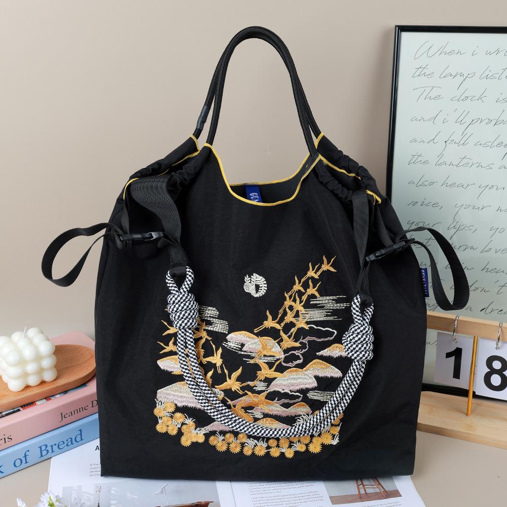 Japanese Style Handmade Waterproof Nylon Canvas Bag with Embroidered Patterns, Large Capacity