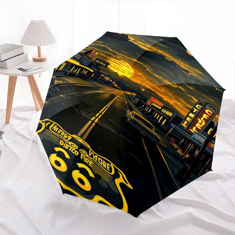 Route 66, Neon-Schilder-Thema, Automatischer Öffnungs- und Schließschirm, Helle Farbe, 8 Speichen, Tragbarer Schirm, Geeignet für Männer und Frauen, A