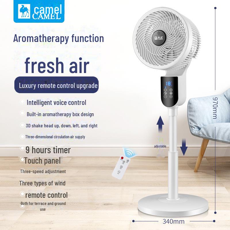 Camel 36-Speed DC Air Circulation Fan with Voice Control, Aromatherapy, Remote, Turbine Convection, and Floor Design.