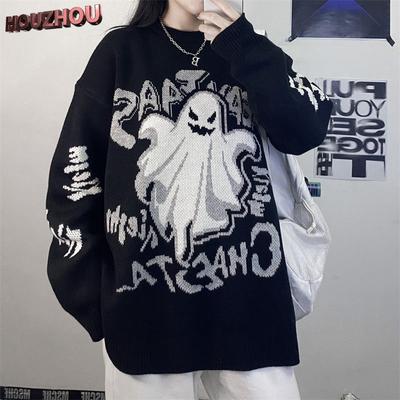 Gotik Vintage Kazak Harajuku Koyu Tarzı Öğrenci Mektup Şeytan Kalınlaşma Çiftler Gevşek Örgü Kazak Kore Moda Streetwe...