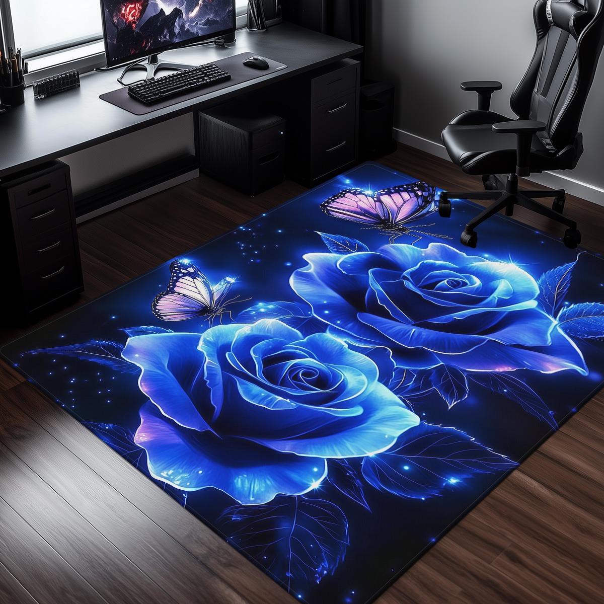 

Blue Rose Butterfly Glow In Dark Crystal Velvet Rug Gaming Room Decor LED Light Effect Fantasy Art Floor Mat Modern Home Styling 60x90cm
