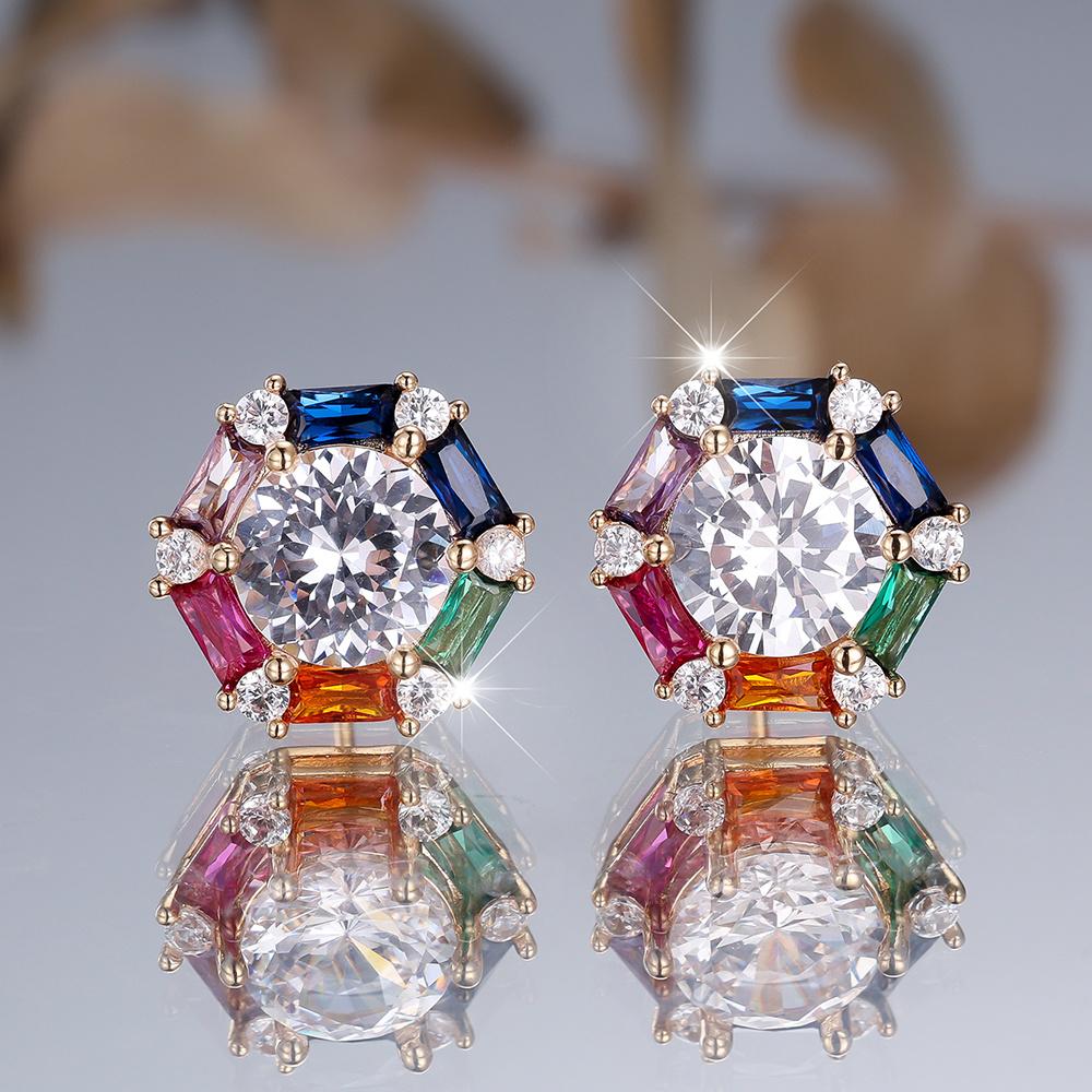 Cute Female Stone Rainbow Zircon Stud Earrings Silver Gold Color Wedding Jewelry For Women