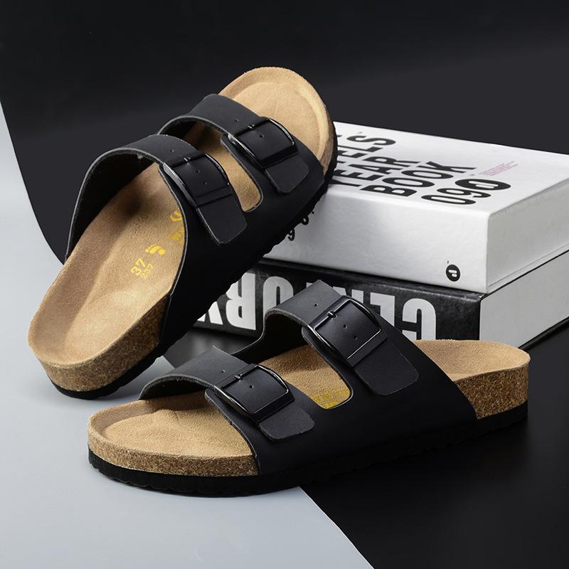 Slippers 2023 New Summer Fashion One-word Drag Couple Drag Cork Outdoor Shoes Flat Double Buckle Beach Sandals