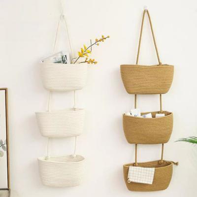 Seilgeflochtener Aufbewahrungskorb Boho Faltbar Waschbar Hängende Körbe Mehrstufiger Wandmontierter Organizer für Küchenobst Gemüse Kinderzimmer Dekoration