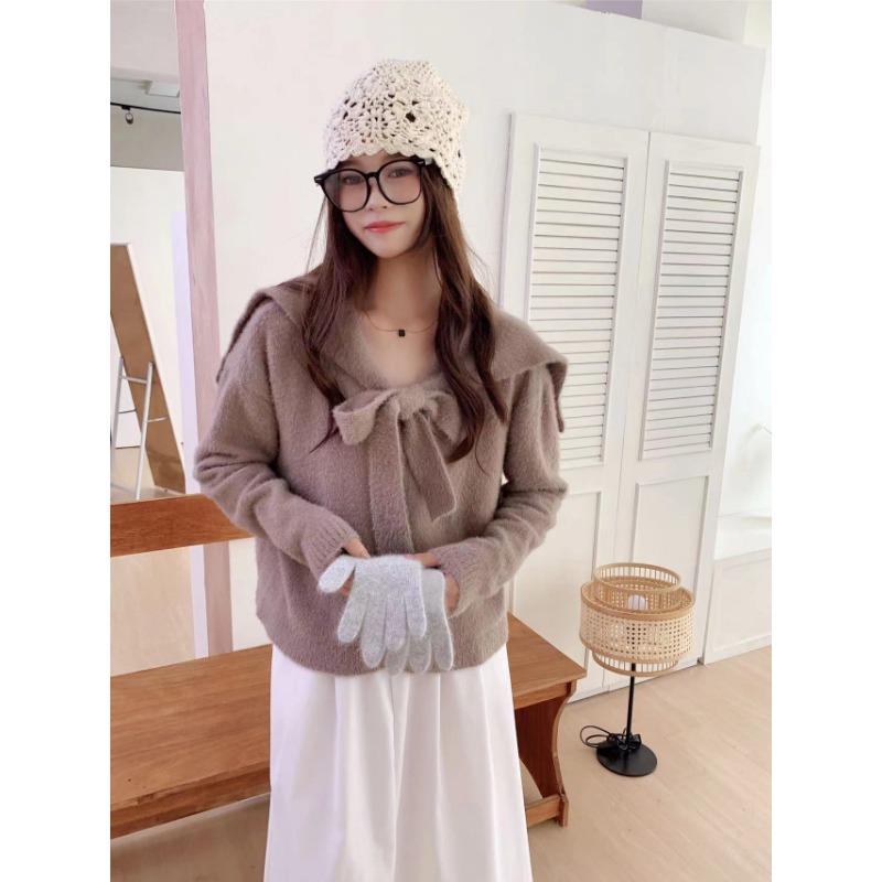 

Осень и зима новый трикотажный кардиган из искусственного норкового бархата, дизайнерский, с темно-синим воротником, мягкий ворсистый свитер-куртка женский One size