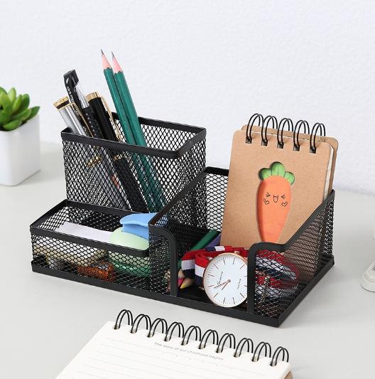 Mesh Desk Organizer Office Supplies Caddy with Pencil Holder and Storage Baskets for Desktop Accessories, 3 Compartments, Black