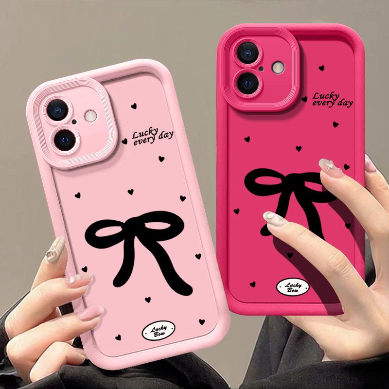 Bowknot Pattern TPU Soft Shockproof Phone Case For iPhone 16 Pro Max 15 Pro 14 13 12 11 XR XS Little Love Hearts Matte Lens Protection Bumper Cover