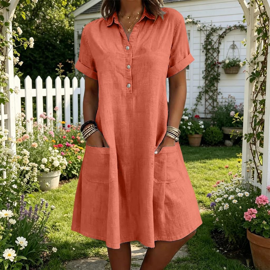 Women Casual Loose Fit Short Sleeve Dress with Lapel Collar Button Front and Pockets Comfortable Summer Dress