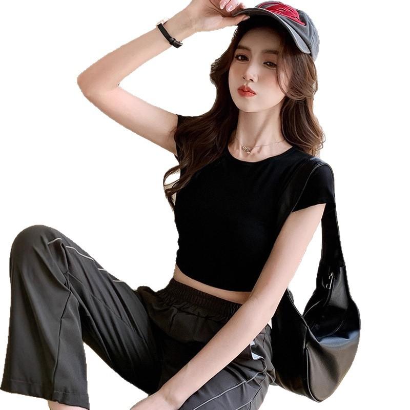 Crew Neck Open Navel Short-sleeved T-shirt for Women, Summer New Sweet and Spicy Style European and American Tops Are Trendy