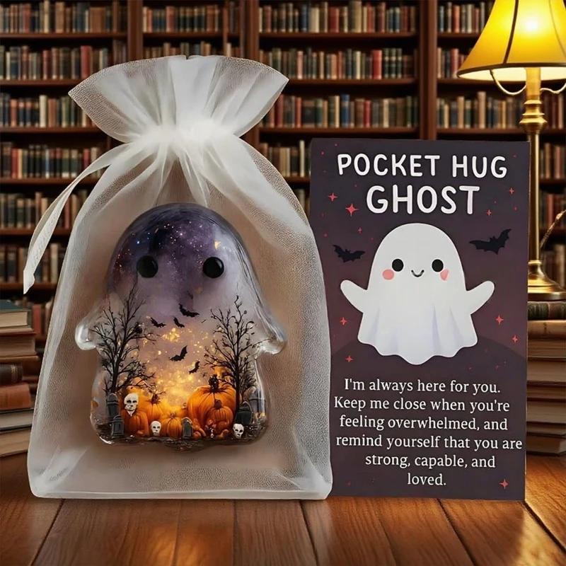 Pocket Hug Ghost Acrylic Charm Set With Card Mini Emotional Support Gift For Anxiety Relief Halloween Pocket Sea Animal Hug Gift