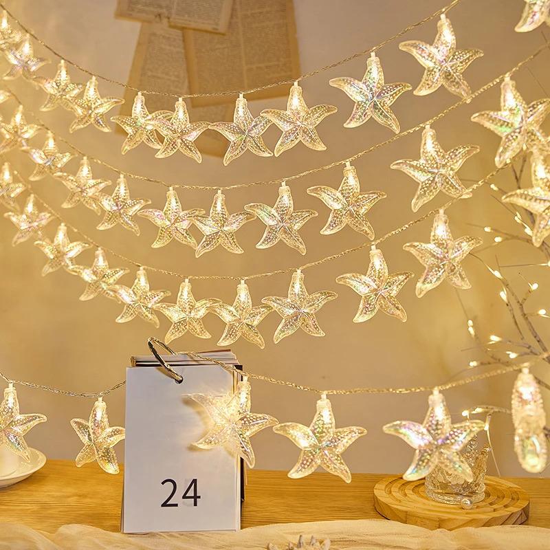 1PC LED Sea Shell Lamp String Starfish Lighting Strings Atmosphere Light Suitable for Festival Room Wedding Party Decoration Lamps Battery-Powered