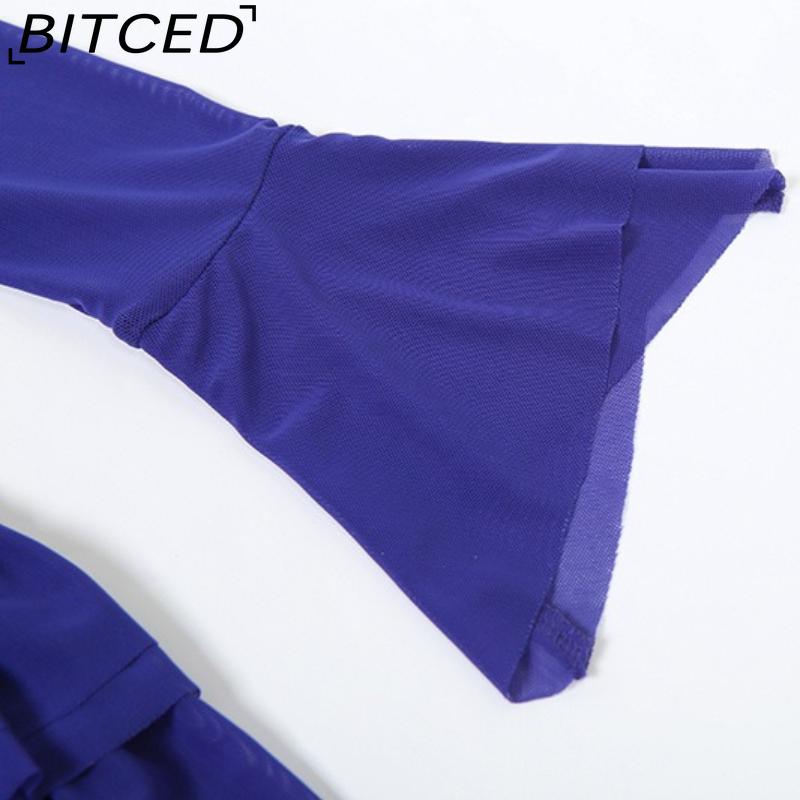 BITCED Fall Women's Solid-Color Slim-Fit Streetwear V-Neck Long-Sleeve Mesh Top