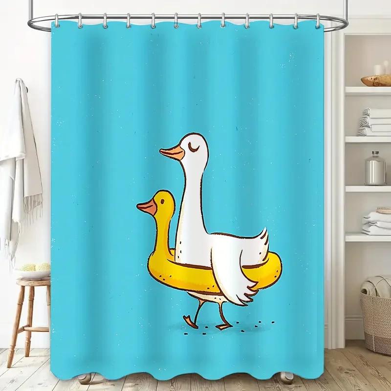 Cute Duck Swim Rings And Goose Shower Curtains - Waterproof And Mildew Resistant Bathroom Decoration, Bringing Fun Home Style
