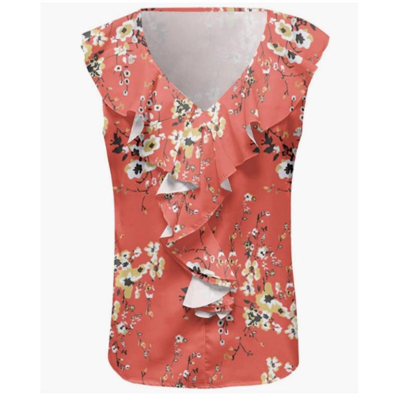 Women's plus size printed chiffon fungus trim T shirt