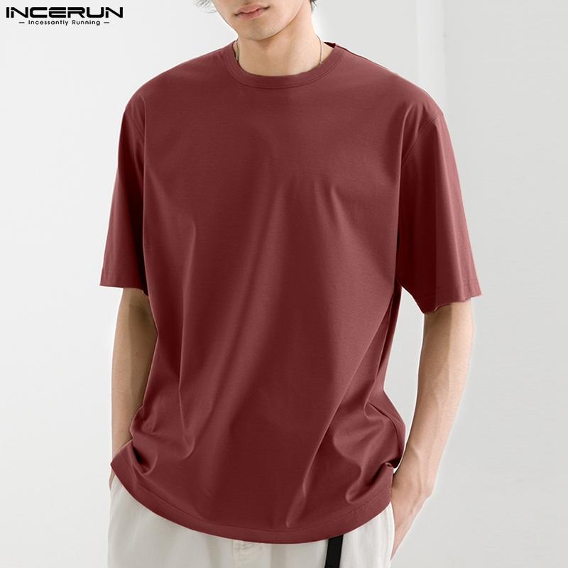 

INCERUN мужские базовые футболки с короткими рукавами однотонные летние повседневные свободные футболки с круглым вырезом плюс размер