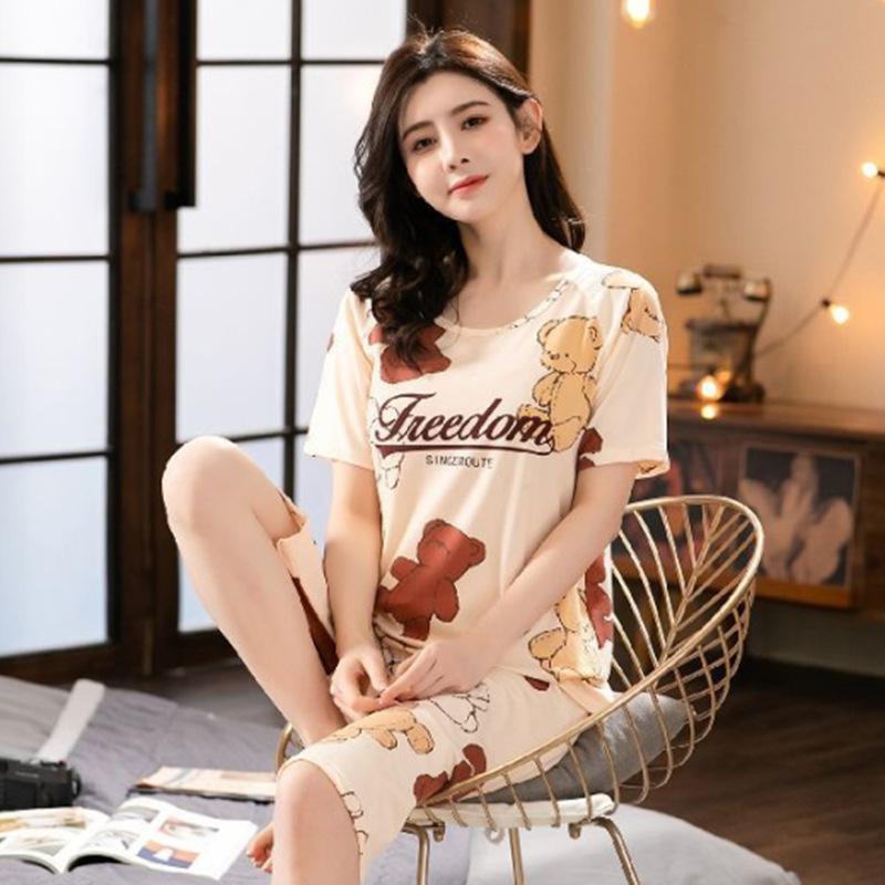 Damen Frühling und Sommer Neue Kurzarm Sieben Hosen Pyjamas Homewear Set Mädchen Einfache Koreanische Cartoon Lose Homewear Sommer