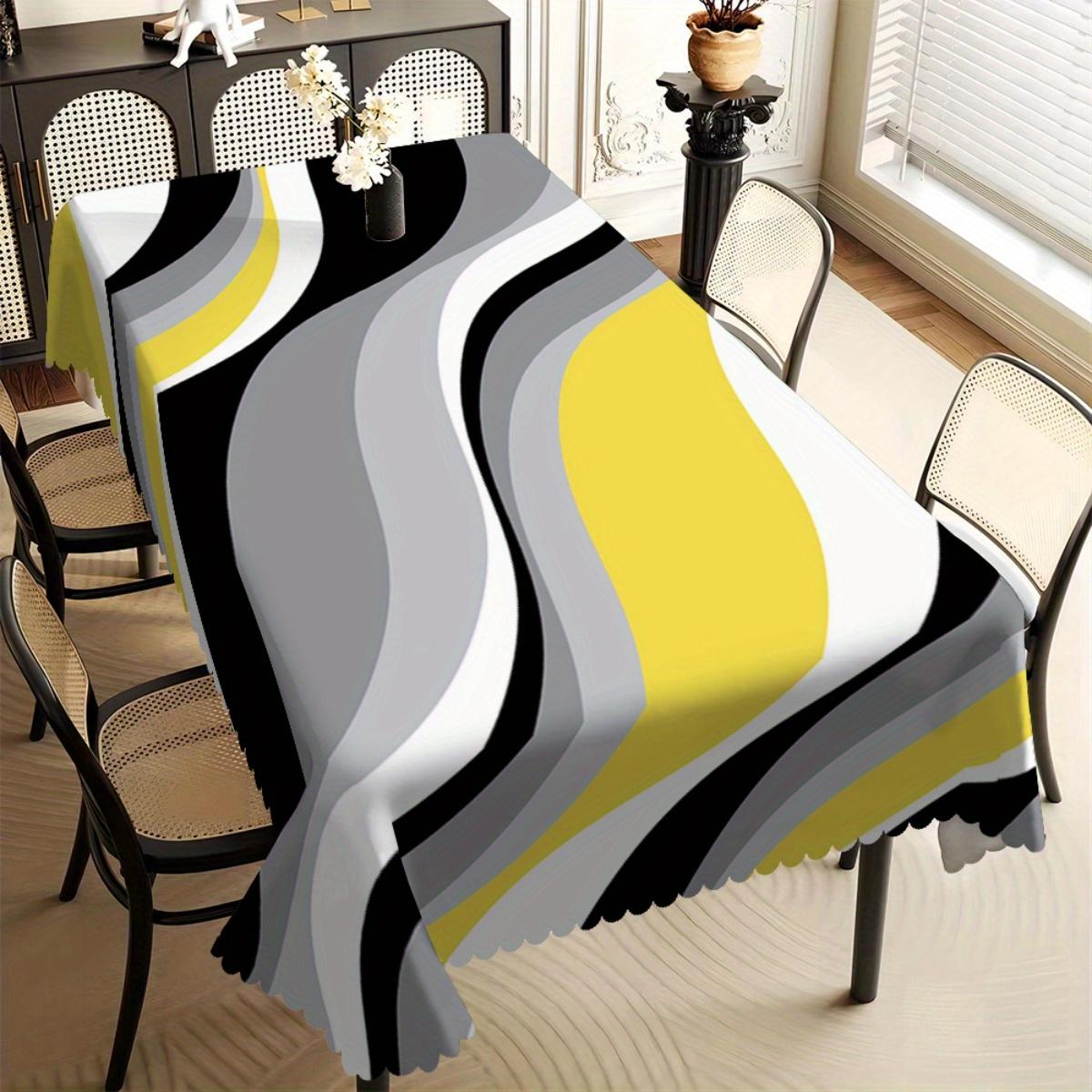 Nappe Abstraite Moderne Vague, Impression Noir, Jaune & Gris, Bord Festonné, Résistante aux Taches, pour Salle à Manger & Maison Minimaliste 100x160cm