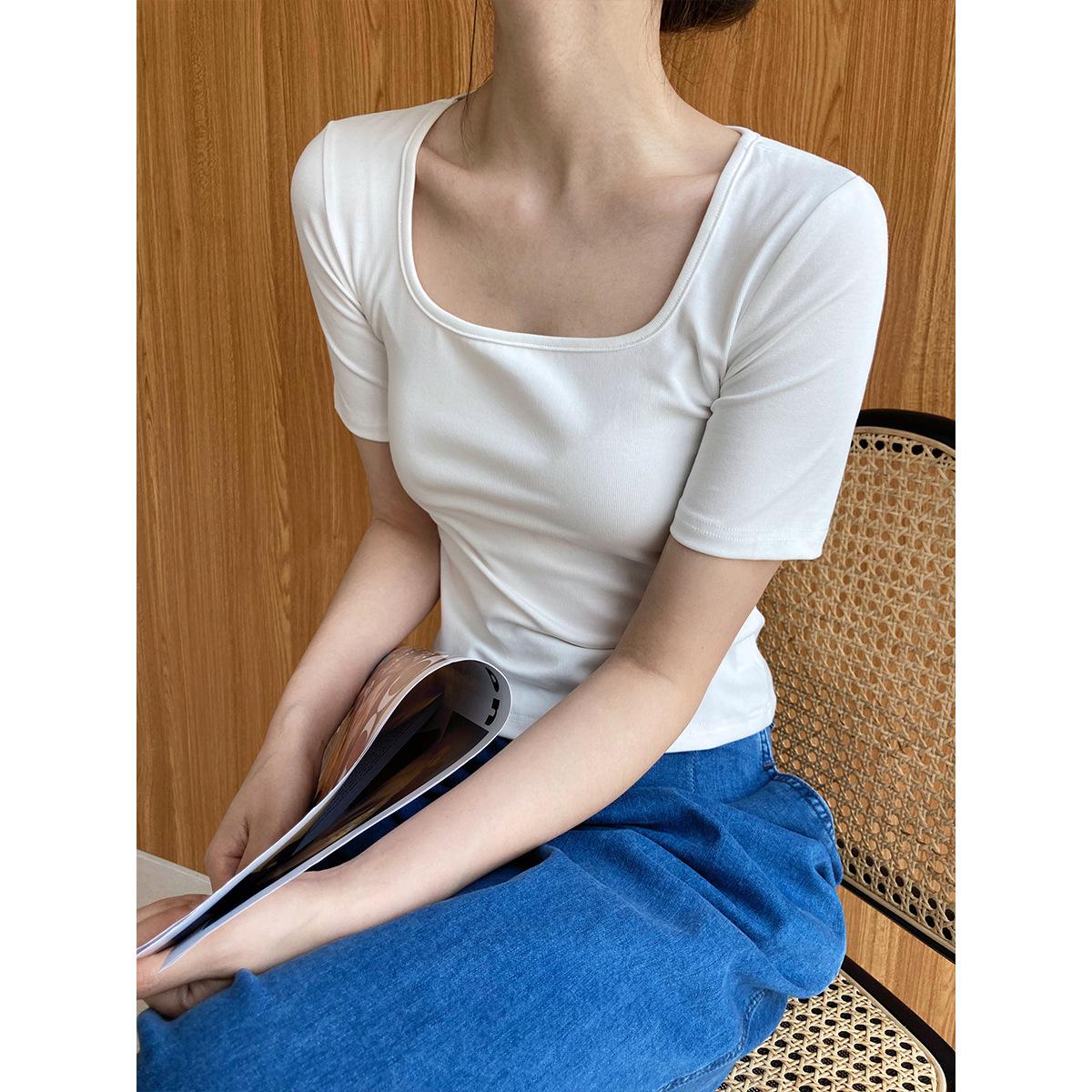 LUXI 2024 Summer Women s Short Sleeve Square Neck Slim Fit T-shirt - Solid Color, High Waist, Exposed Collarbone Style Large белый