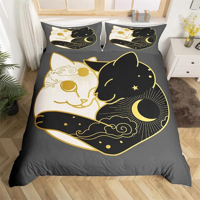 Cat Duvet Cover Polyester Pattern With Hipster Playful Feline Characters, Decorative 3 Piece Twin Bedding Set With 2 Pillow Sham
