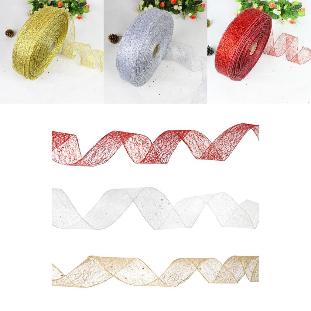 Festive Christmas Ribbon With Edged Borders For Tree Decoration And Crafts In Red Gold Silver