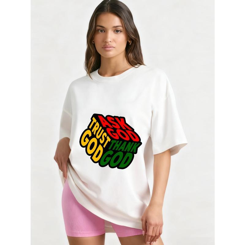 

Черная футболка оверсайз с принтом Ask God Trust God Thank God Повседневная уличная мода Женский топ Летний наряд Свободный крой Графическая футболка XXXXL белый