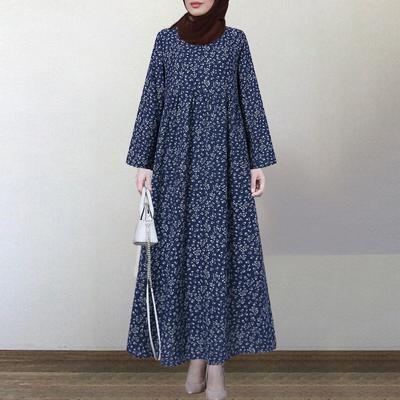 Womens Print Casual Long Sleeve O-neck Loose Long Dress