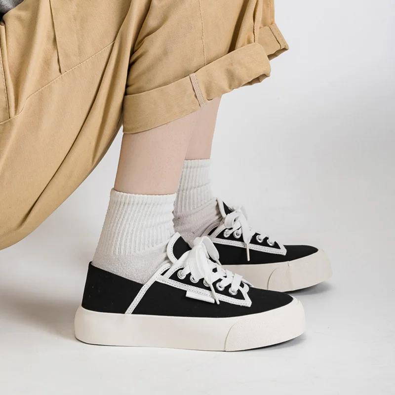 Modne Białe Damskie Buty Wulkanizowane Dwu-noszeniowe Leniwe Buty Sportowe Gruba Podeszwa Casual Pół-kapcie Płócienne Buty do Chodzenia Tenisówki Sznurowane Zapatos