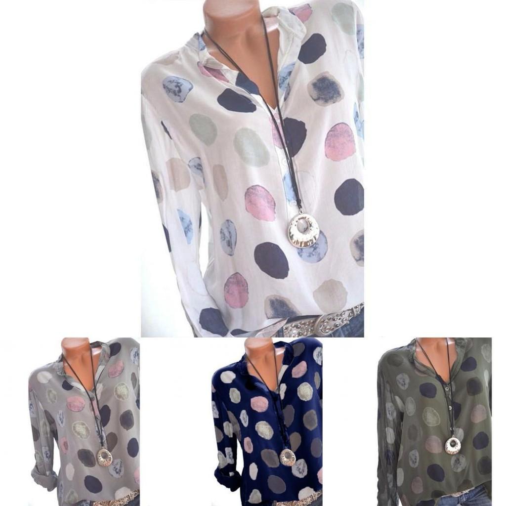 Elegant Women Fashion Polka Dots Print Chiffon Blouse With Long Shirt Sleeves