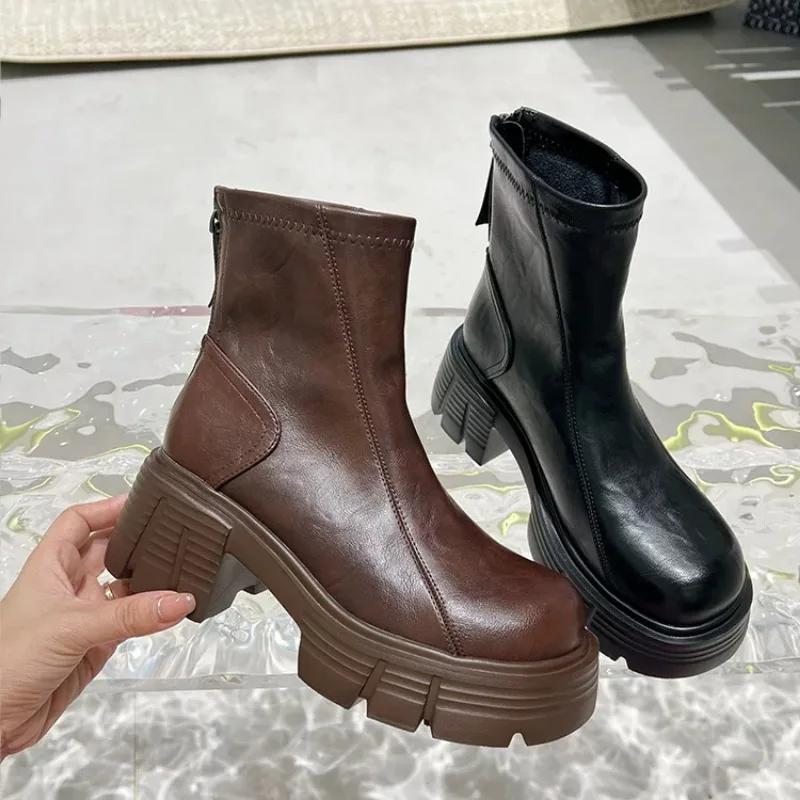 2024 High Quality Women's Shoes Ankle Women's Boots Concise Modern Boots Women Round Toe Med Heel Platform Back Zip Ladies Shoes