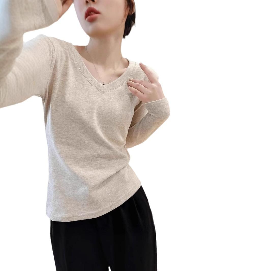 

Дизайнерская чувственная тонкая бархатная базовая футболка с V-образным вырезом и облегающим кроем для женщин на весну, осень и зиму. Чисто кашемировая, сексуальная, с длинным рукавом. S