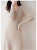 Women's Slim Fit Knee-Length V-Neck Wool Dress with Knit Cashmere Coat