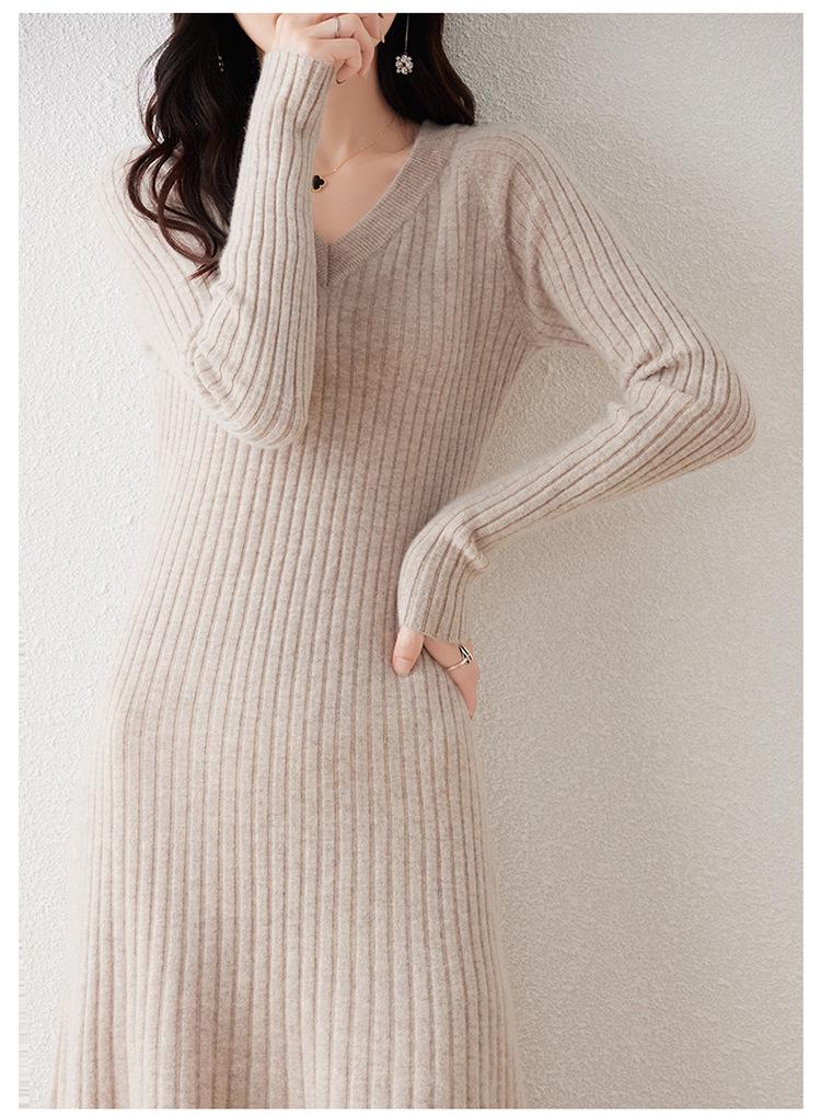 Women's Slim Fit Knee-Length V-Neck Wool Dress with Knit Cashmere Coat
