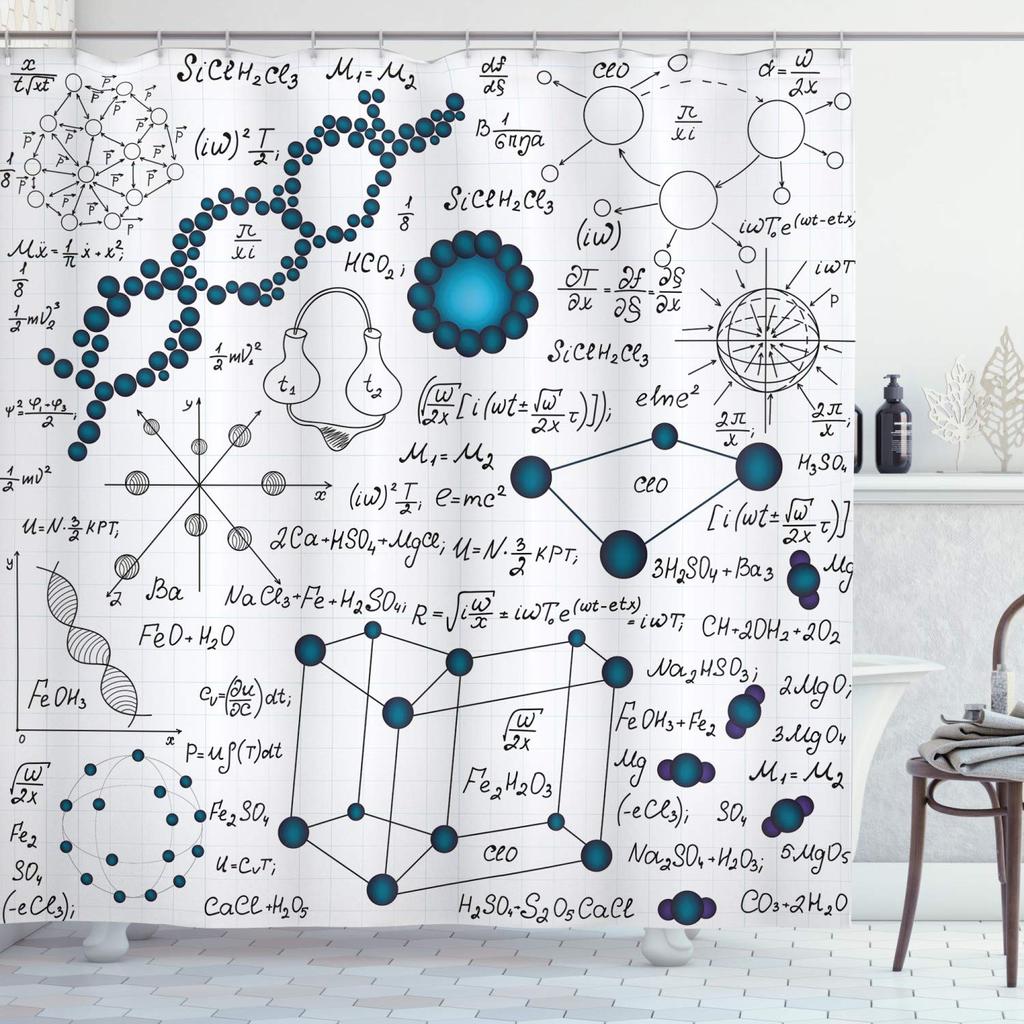 Science Shower Curtain, Black Chalkboard Biology Hand Written, Cloth Fabric Washable Bathroom Decor Set With Hooks, Black Brown
