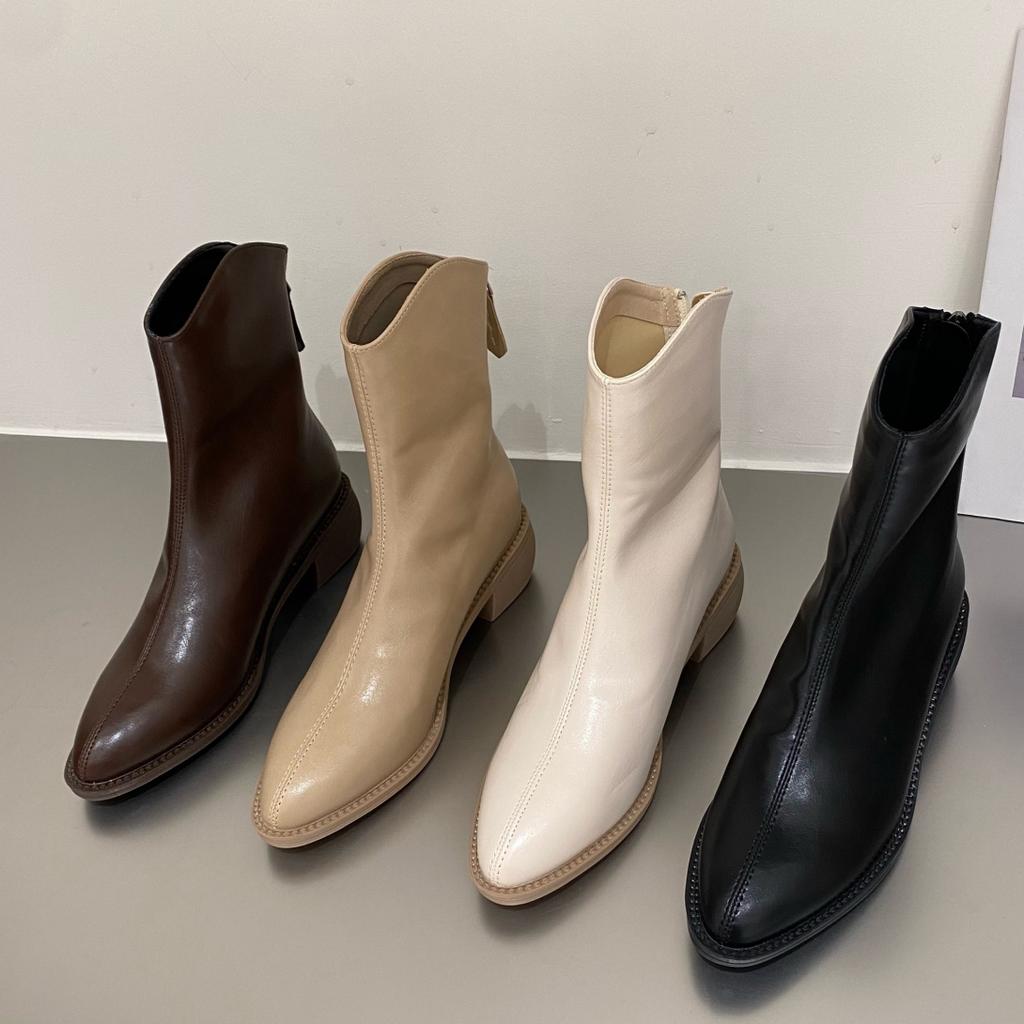 2024 Pointed Toe Women Soft Leather Ankle Boots Back Zipper Short Booties Retro Style Autumn Winter Female Boots D79