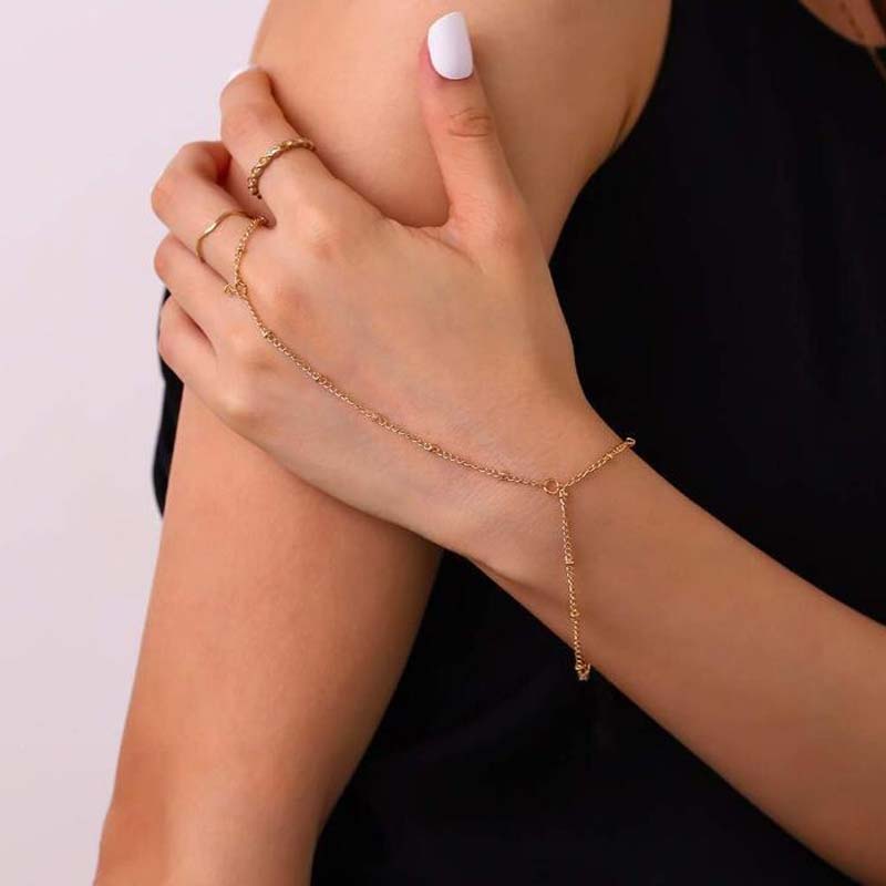 Elegant Tiny Chain Bracelet Finger Ring for Women Fashion Gold Color Metal Link Chains Connecting Hand Harness Bracelets Zircon