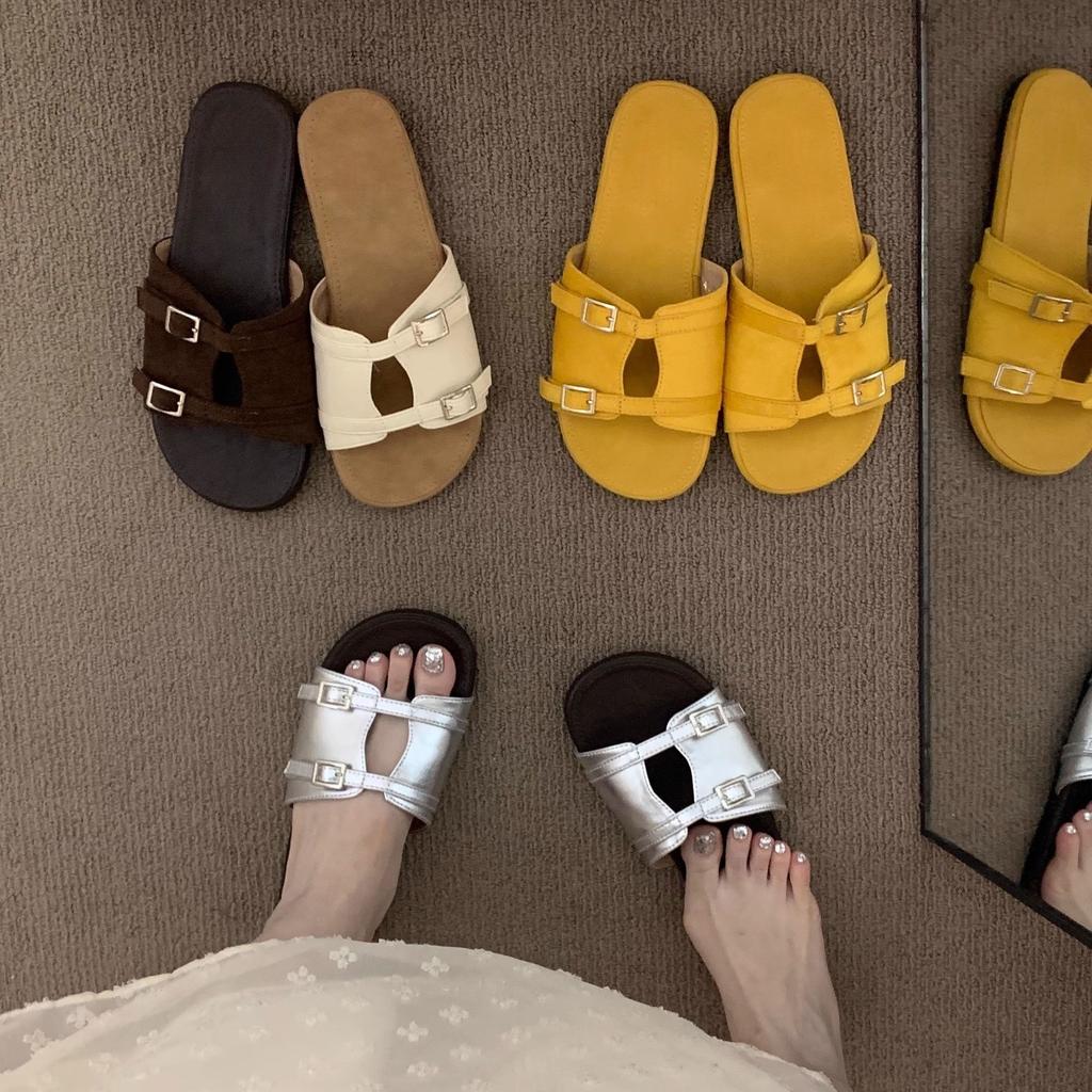 Retro braune Nischen-Abendsandalen Feenschuhe 2025 neue Sommer Flachboden-Urlaubs-Birkencool-Slipper