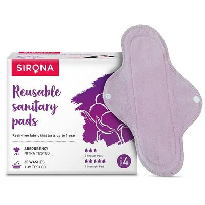 Absorvente Reutilizável Sirona para Mulheres e Meninas | (Pacote com 4)| 3 Absorventes Normais + 1 Absorvente Noturno | Absorventes de Tecido Macio para Mulheres para o Período, Reutilizáveis Sem Irritação