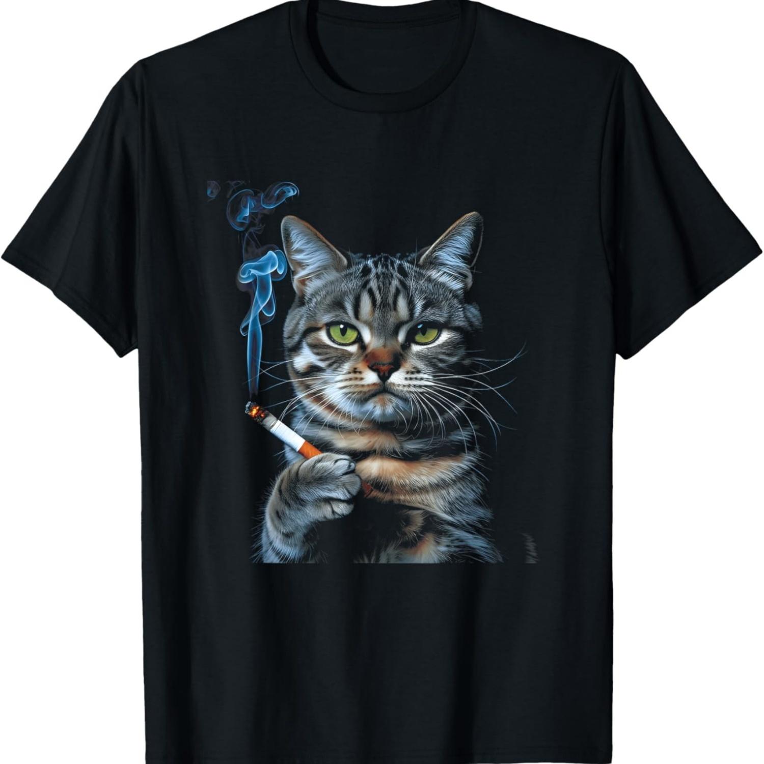 Cigarette Cat Meme Smoking Kitty Gen Z Aesthetic Adult Humor T-Shirt S чёрный