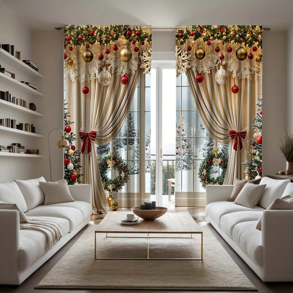 2 Pieces of Classic Twill Weave Christmas Decoration Printed Curtains   Bedroom and Living Room   Home Decoration   Room Decoration