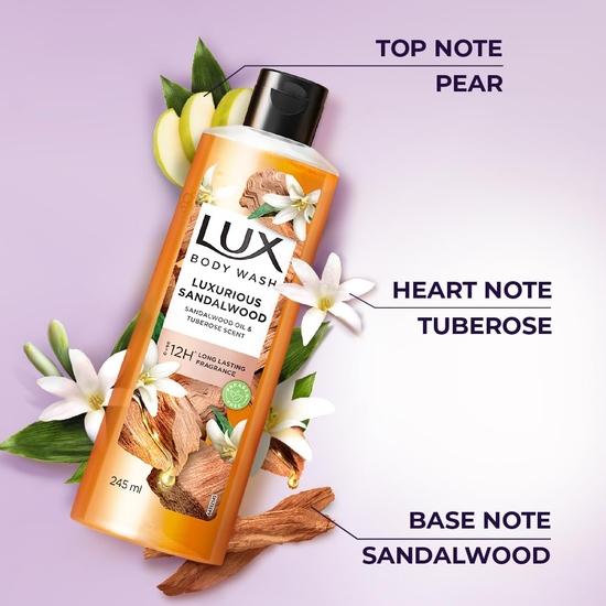 Lux Body Wash LUXURIOUS SANDALWOOD with Sandalwood Oil & Tuberose Scent Bottle with Upto 12H*| Paraben Free|| 245 Ml