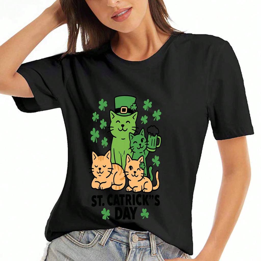 St Patrick Day Beer Mug Ladies Cotton T Shirt, Pure Cotton Highquality Printing, Durable, Casual And Fashionable, Featuring Green Clovers, Beer Bottle