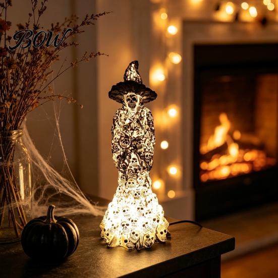 Decorative Witch Figurine Skeleton Resin Figurine, LED Light Up Gothic Statue, Spooky Fantasy Themed Gift Dark Ornament for Desk, Shelf, Mantel Indoor