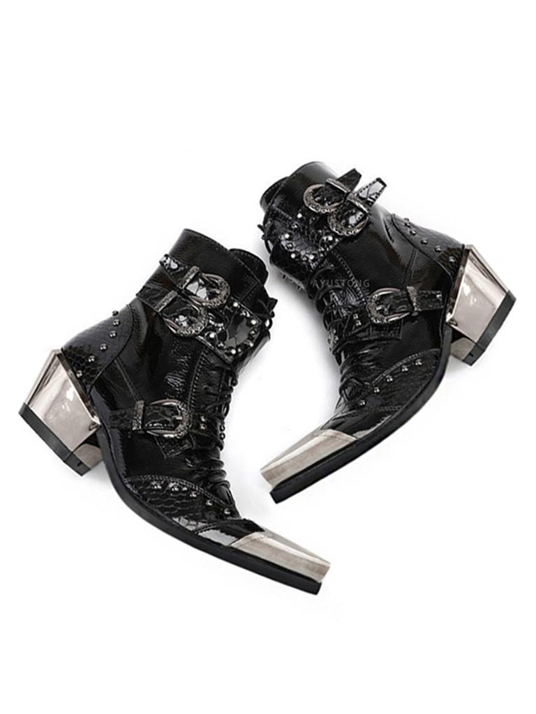 Dark Rock Men's and Women's Niche Punk Western Cowboy Metal Thick Heel Youth Stage Leather Short Boots Trend
