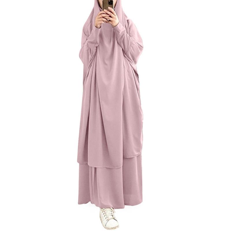 Large Hem Solid Color Robe Dress Hood Set Muslim National Costume