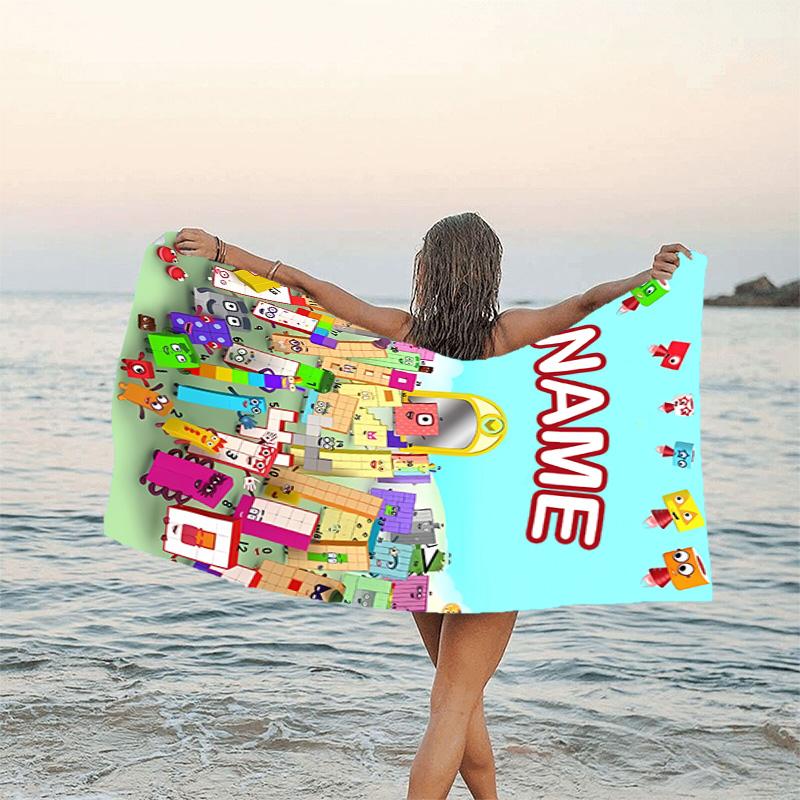 1pc 3D-Number-Blocks-Cartoon Beach Towel with Custom Name, Beach/Swimming/Bath/Picnic/Camping Towel, Suitable for Seaside Beaches