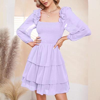 Women's Fashion Solid Colour Square Neck Slim Fit Long Sleeve Cake Dress