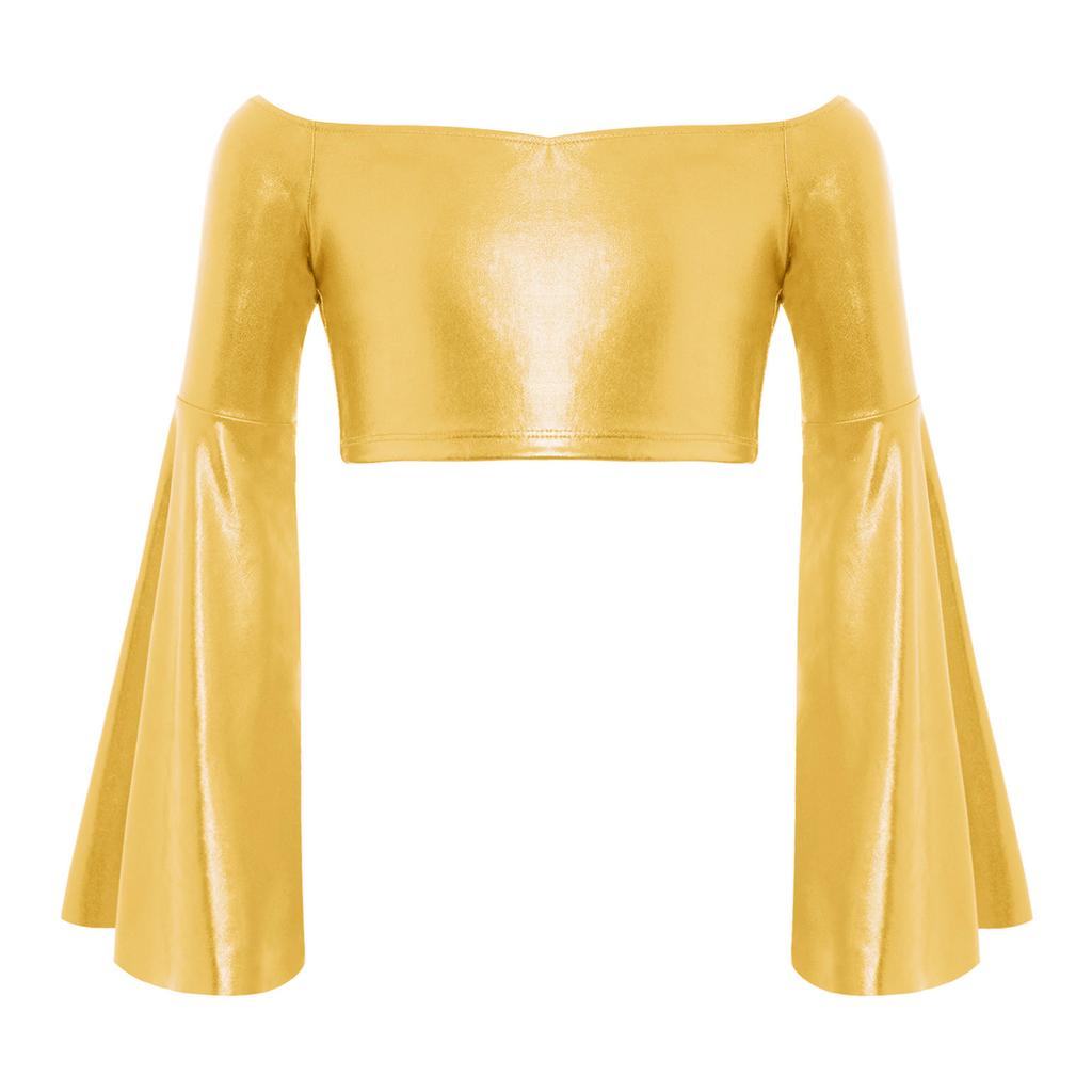 Flickors Prestanda Crop Top Lång Utställd Ärm Off Shoulder Metallisk Design Födelsedagsfest Toppar