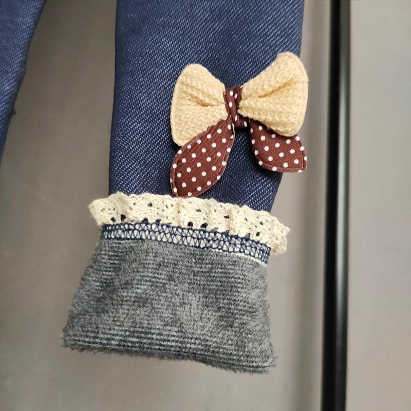 Imitation Denim Girls Pant Autumn Winter Plus Velvet Warm Long Pants Bow Lace Kids Trousers