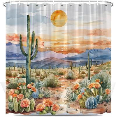 Western-style Shower Curtain Desert Cactus Sunset Landscape Watercolor Plants Floral Fabric Bathroom Decoration with Hook,