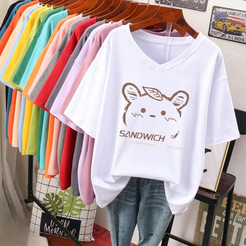 Kurzärmeliges T-Shirt, Locker sitzend, Schlankmachendes bedrucktes V-Ausschnitt-Top für Damen